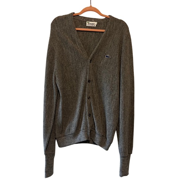 Vintage IZOD Lacoste Cardigan Sweater Menswear Crocodile Logo Gray Large - Picture 1 of 15